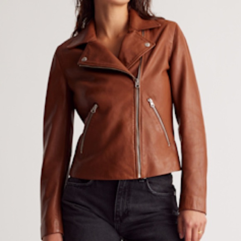 Quince 100% Leather Biker Jacket Size Small Dark Cognac